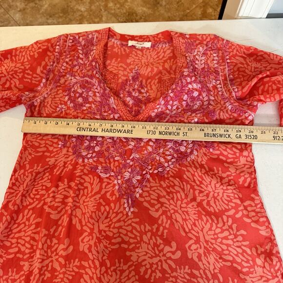 Amaya 100% Silk Embroidered Tunic Top Sz 44 US L Pink Coral Tropical Boho Flowy - Picture 10 of 13